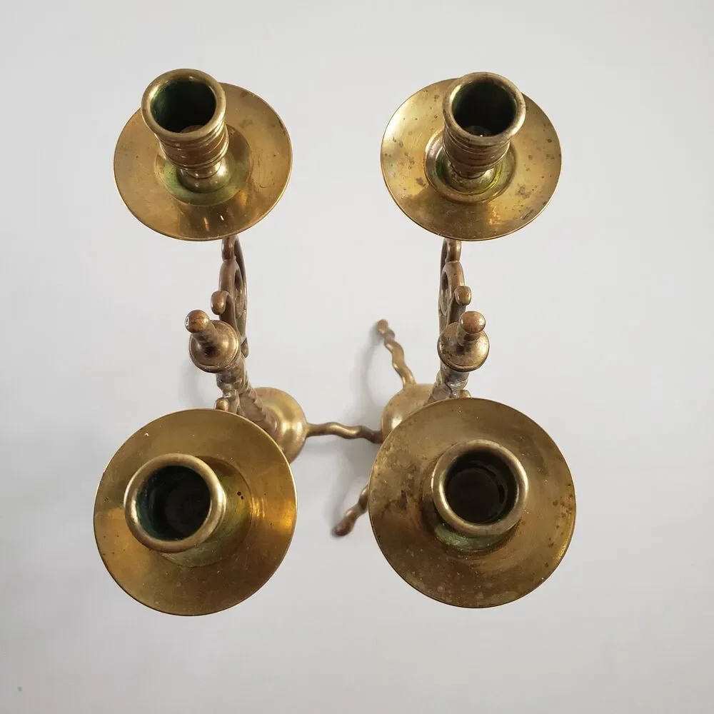 Antique Brass Candlesticks Twist Swirl Scroll Pair Double Candelabra Holders
